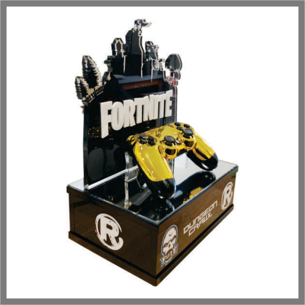Custom Fortnite gaming trophy featuring a yellow game controller, layered acrylic graphics and a personalised black display base.