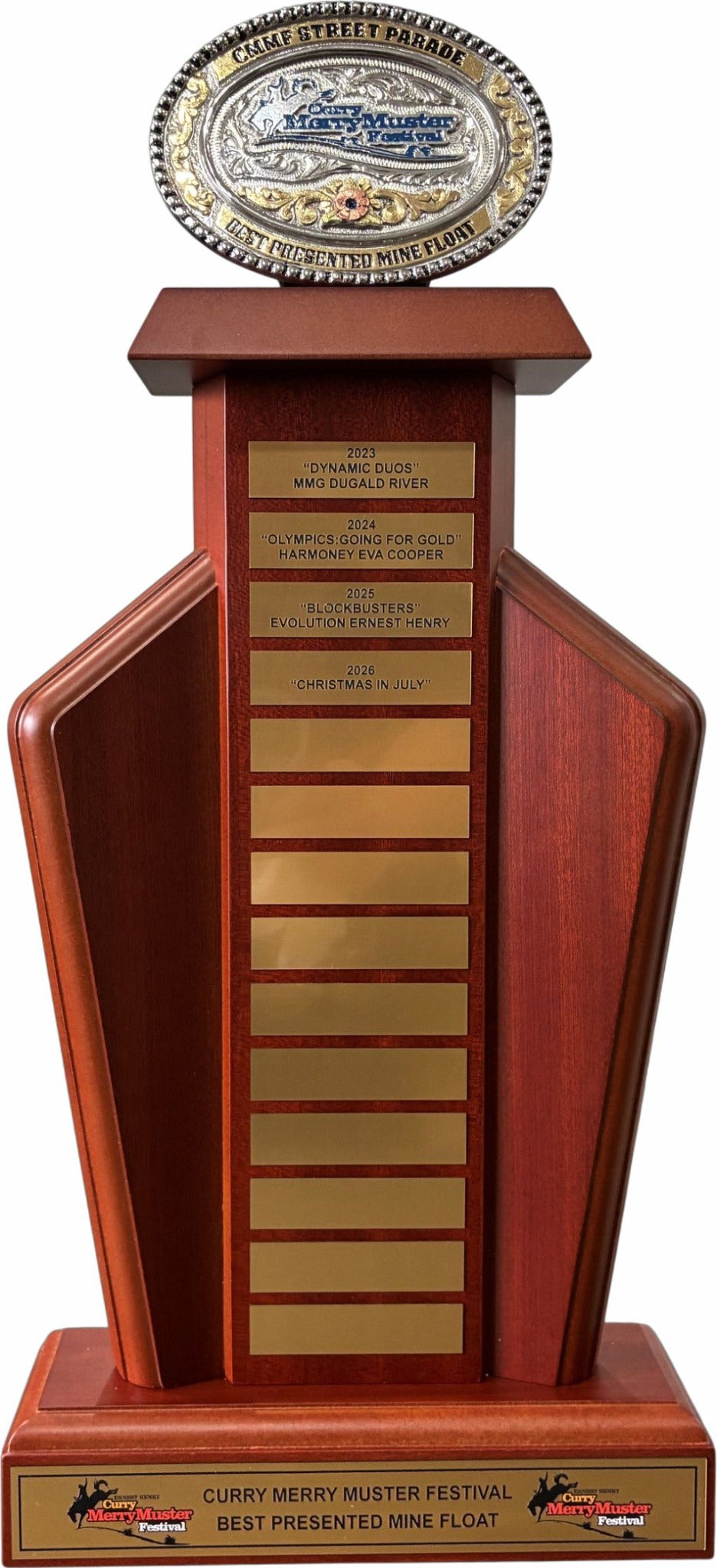 Timber perpetual trophy with gold annual award plates